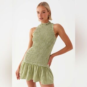 NWT Cassie shirred Mini Dress - Khaki Gingham